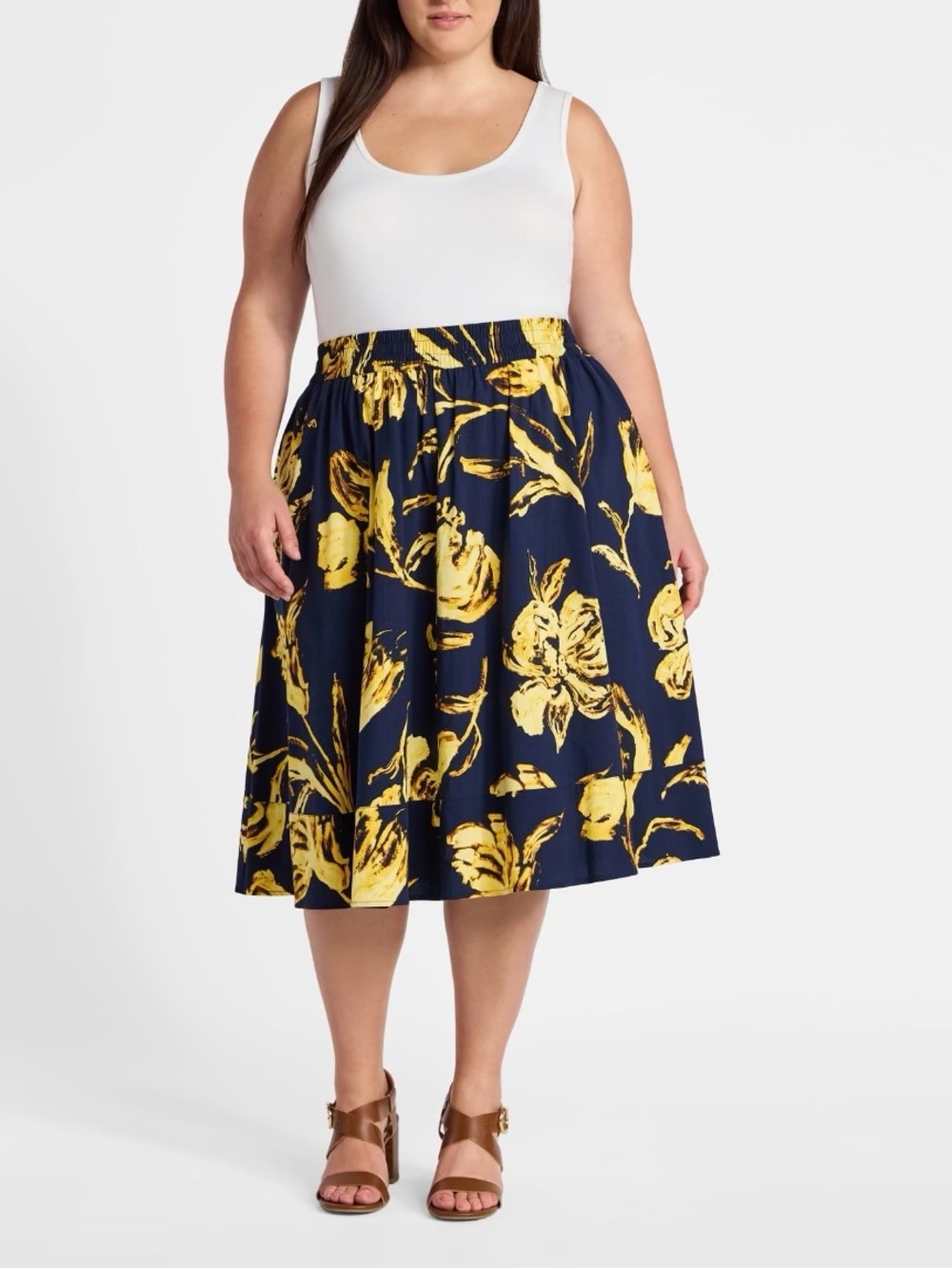 Navy and Yellow Floral Tiered Pull On Midi Skirt